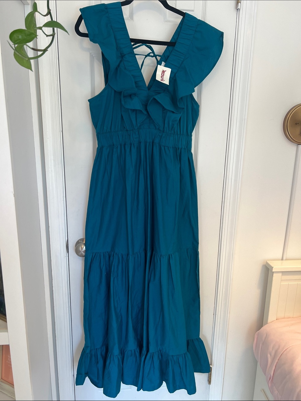 Teal Ruffle V-Neck Maxi Dress with Tie Back